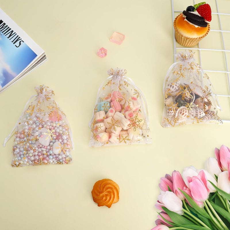 BOEIAC Snowflake Organza Bags, 100 PCS Christmas Sheer Organza Bags with Drawstring 4 x 6 inch, Jewelry Gift Bag, Gold Small Mesh Goodies Xmas Wedding Favor Mini Candy Pouches Bag for Christmas Party Favors - Image 3